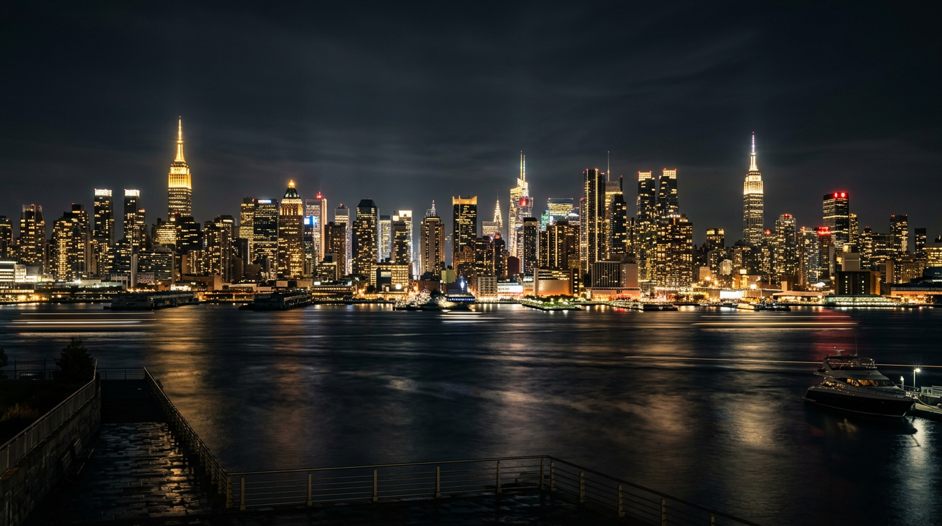Manhattan skyline at night with gold lit skyscrapers