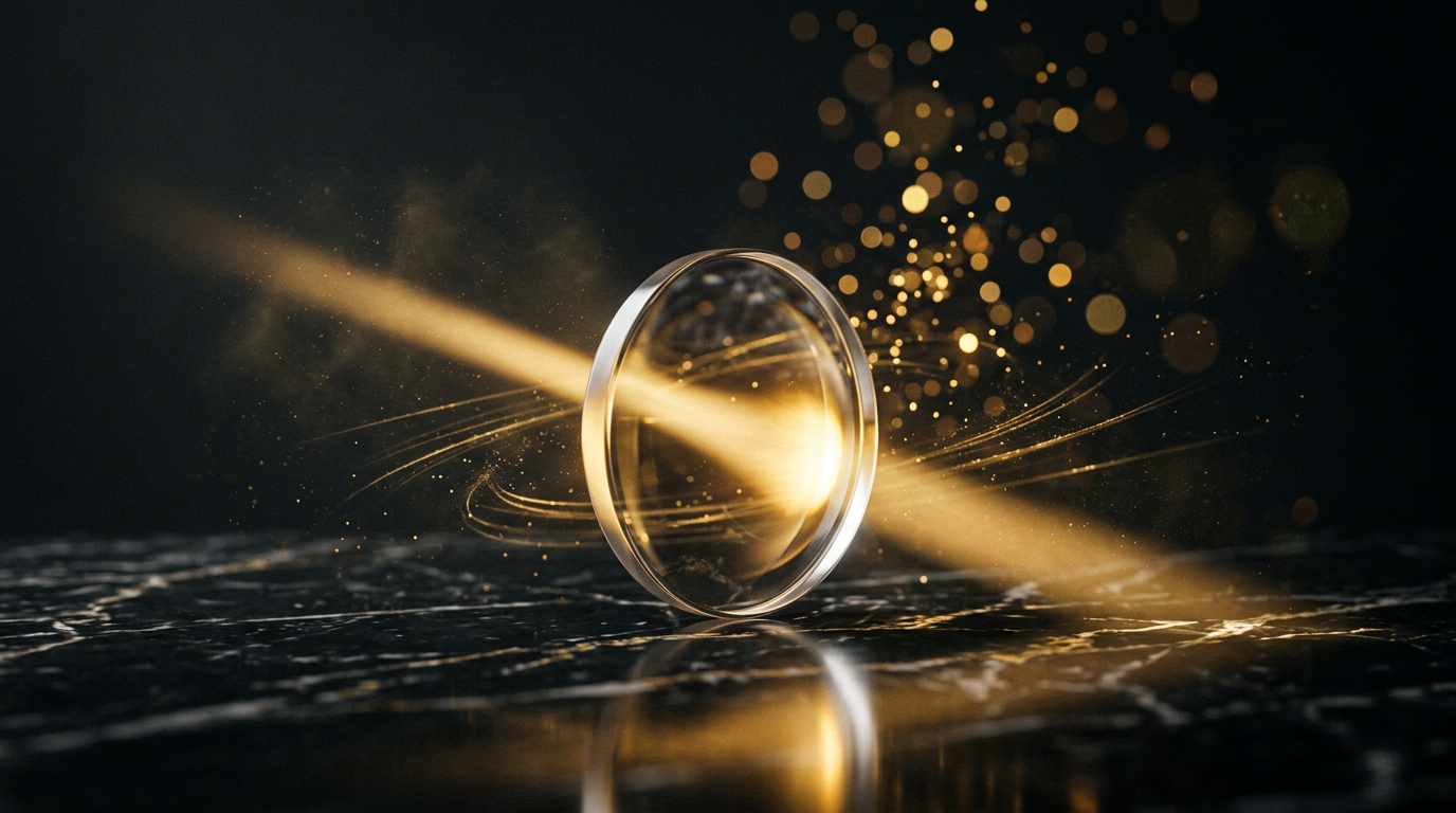 A beam of gold light passing through a glass lens over black marble